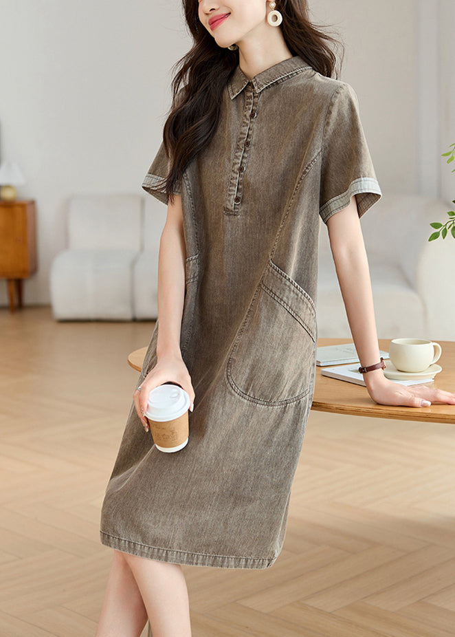 Collar Day Pockets Dresses Pan Grey Summer Boho Denim Peter
