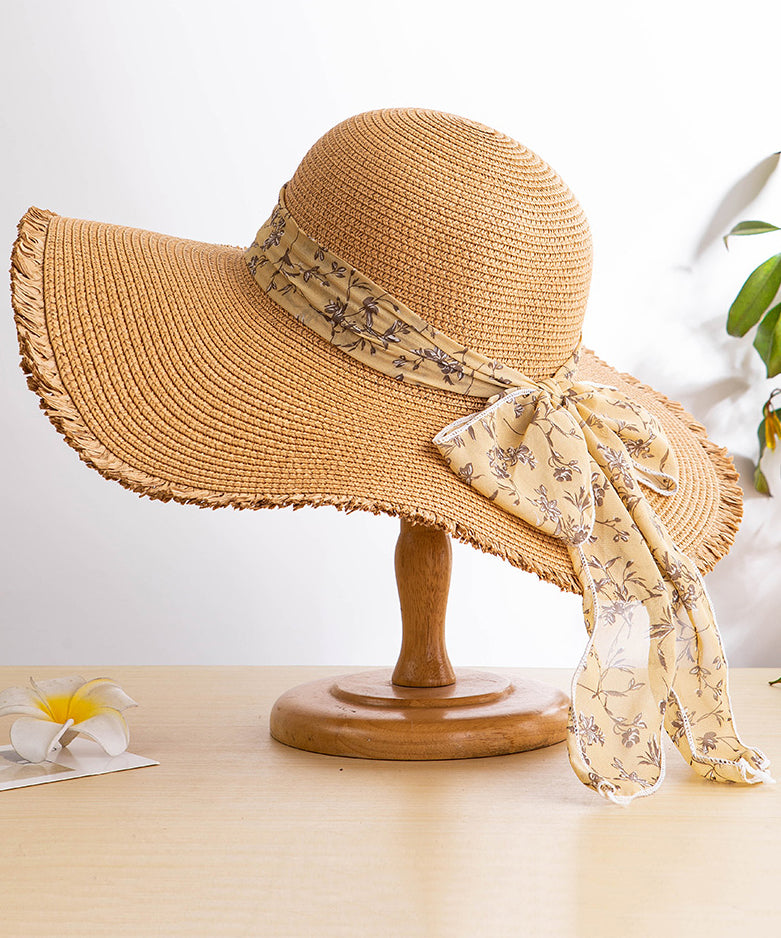 Sun Bow Floppy Straw Hat Boho Side Big Woven Khaki