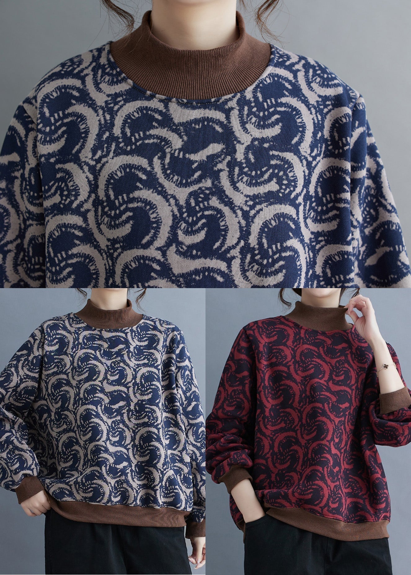 Boho Navy Print Patchwork Warm Fleece Sweatshirt Top Spring TM011