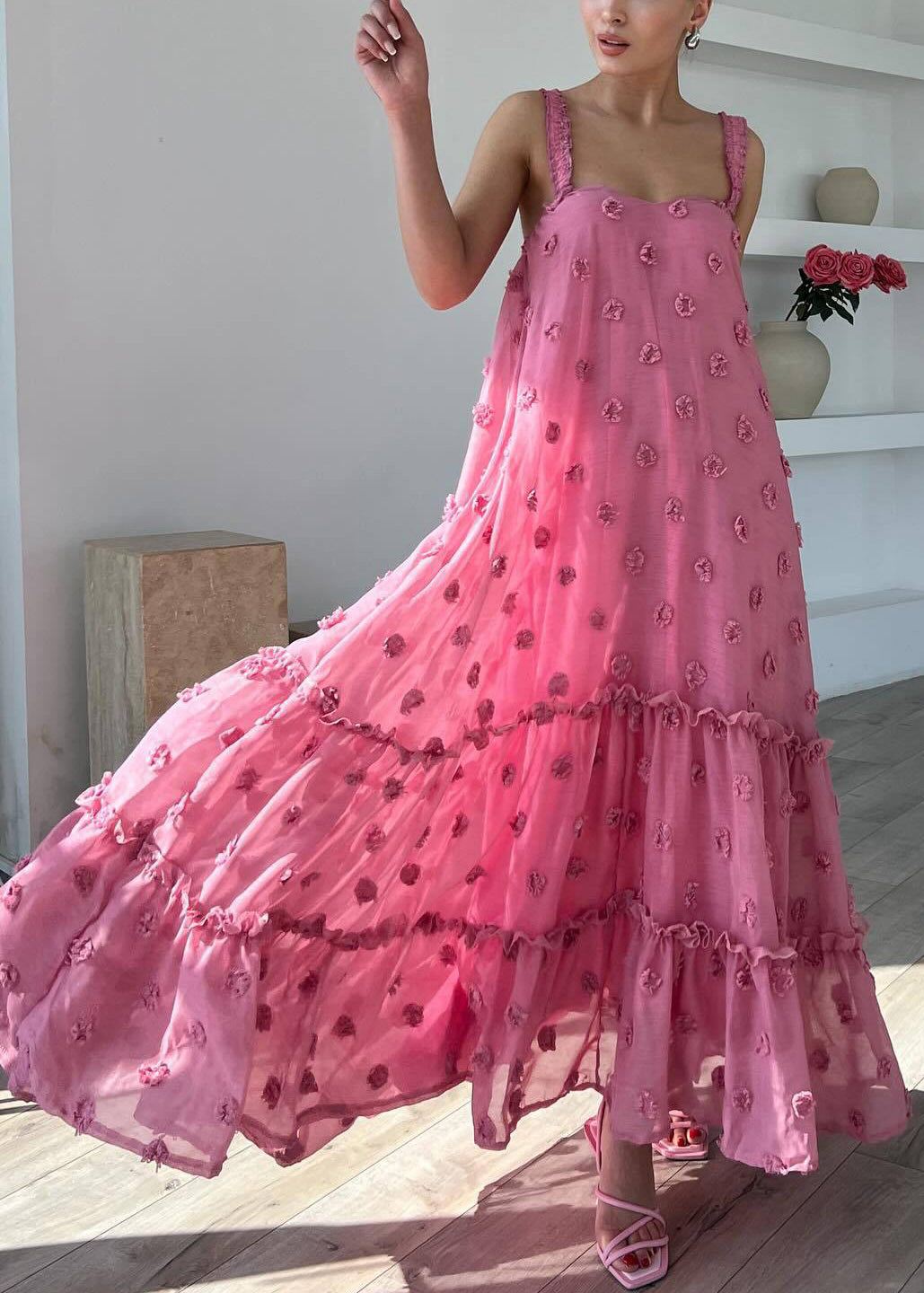 Sleeveless Spaghetti Cotton Floral Ruffled Strap Dress Boho Pink