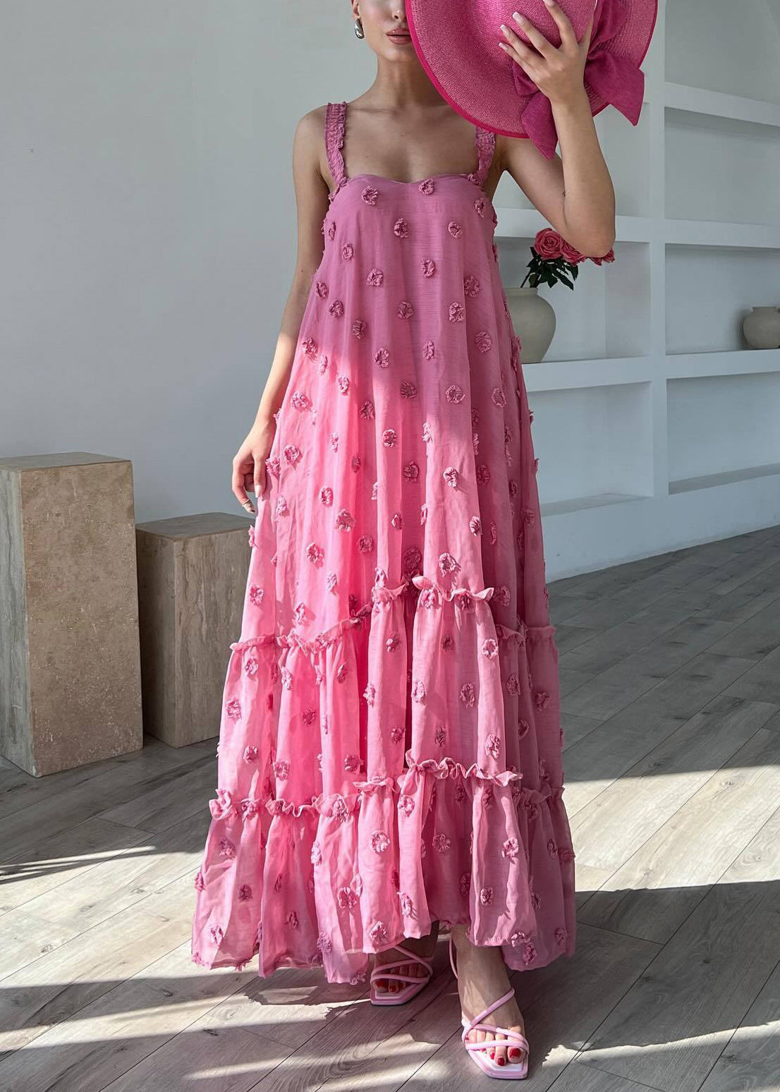 Sleeveless Spaghetti Cotton Floral Ruffled Strap Dress Boho Pink