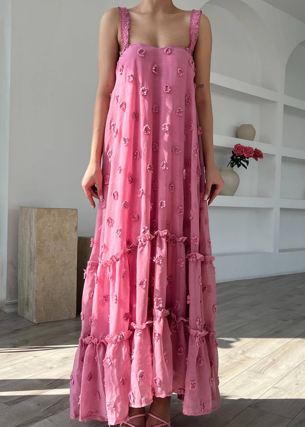 Sleeveless Spaghetti Cotton Floral Ruffled Strap Dress Boho Pink