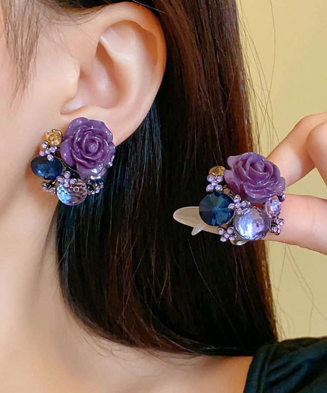 Boho Purple Alloy Zircon Resin Floral Glass Stud Earrings YZ012