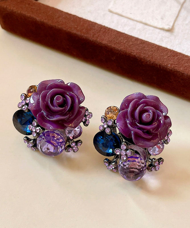 Boho Purple Alloy Zircon Resin Floral Glass Stud Earrings YZ012