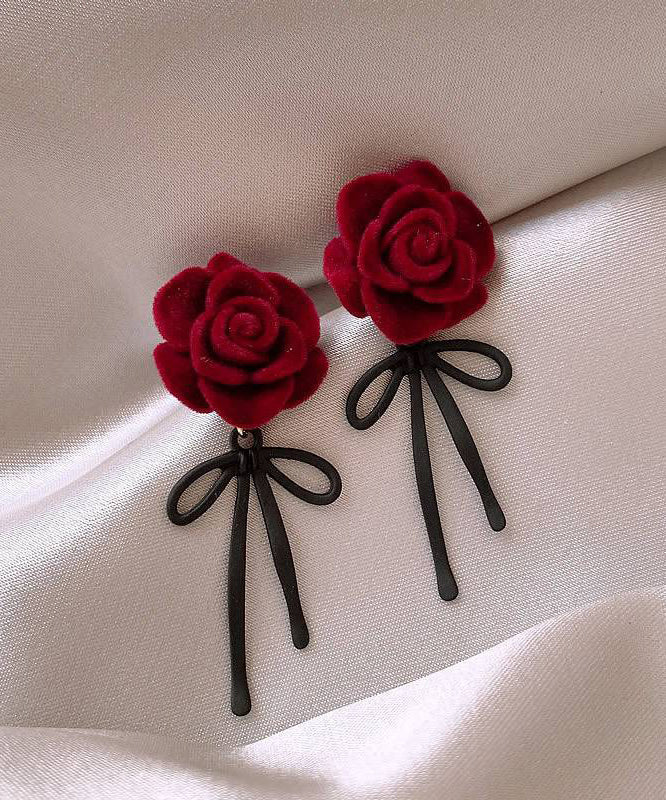 Boho Red Copper Alloy Rose Bow Flocking Stud Earrings YX022