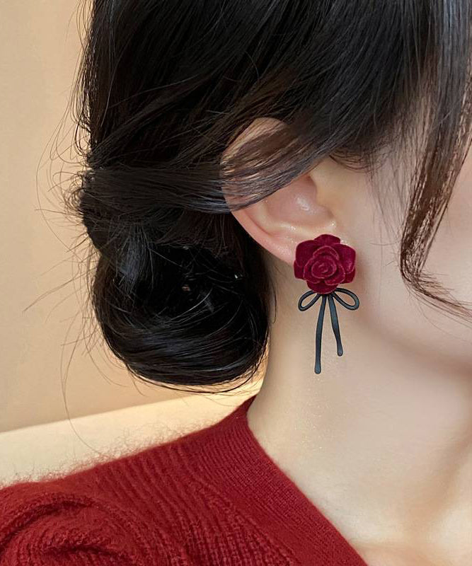 Boho Red Copper Alloy Rose Bow Flocking Stud Earrings YX022
