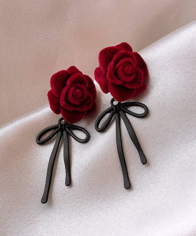Boho Red Copper Alloy Rose Bow Flocking Stud Earrings YX022