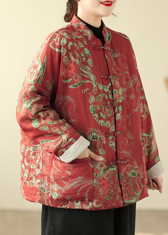 Boho Roter Druck Chinesischer Knopf Feine Baumwollfüllung Parka Winter TM013