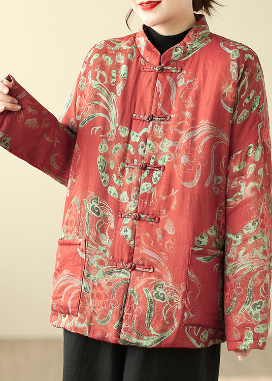Boho Roter Druck Chinesischer Knopf Feine Baumwollfüllung Parka Winter TM013