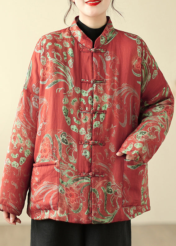 Boho Roter Druck Chinesischer Knopf Feine Baumwollfüllung Parka Winter TM013