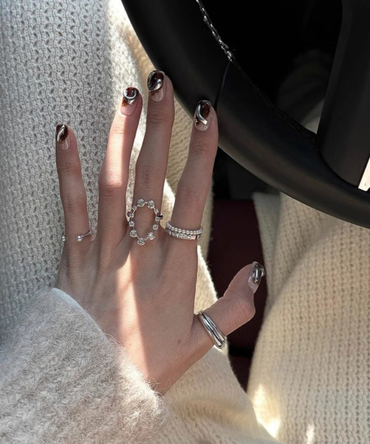 Set Open Stainless Zircon Steel Rings Boho Three-Piece Silk