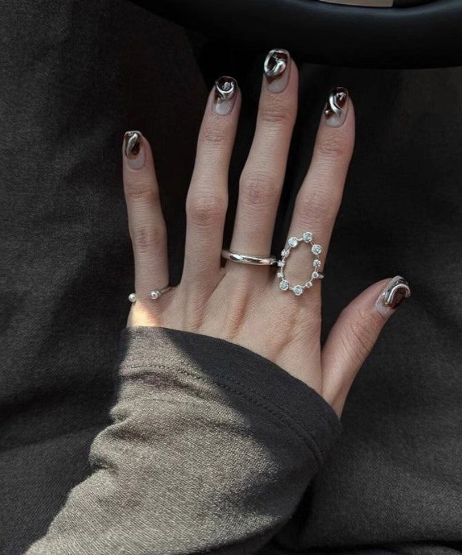 Set Open Stainless Zircon Steel Rings Boho Three-Piece Silk