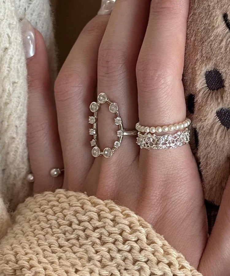 Set Open Stainless Zircon Steel Rings Boho Three-Piece Silk