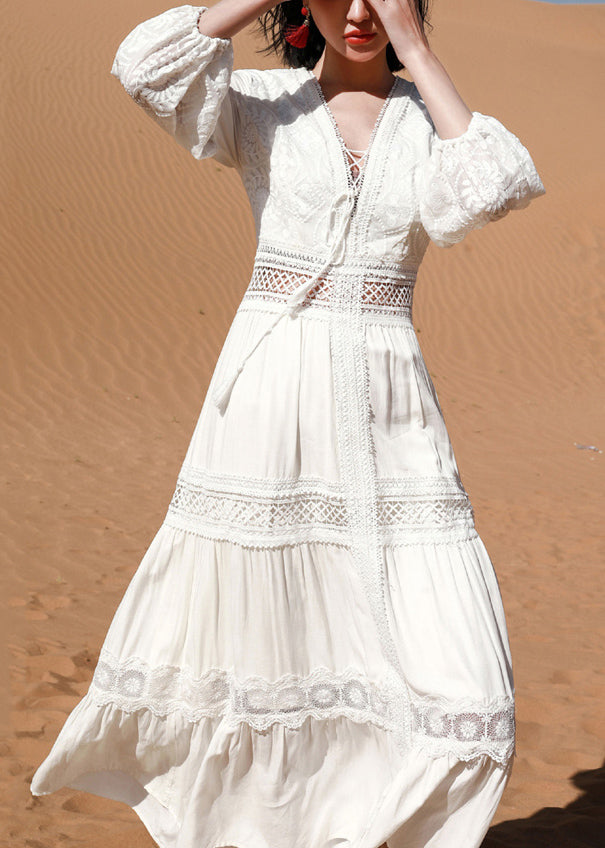 Sleeve Puff Long Out White Hollow Dress Boho Lace