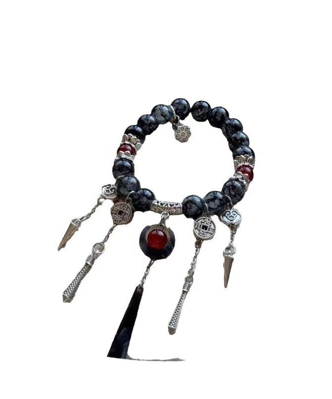 Breloque pompon en pierre précieuse, argent sterling, cristal noir