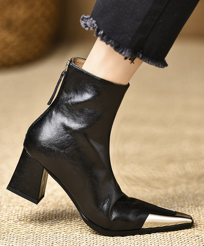 Boutique Schwarzes Rindsleder Spleißen Chunky Stiefel Spitzschuh TE017