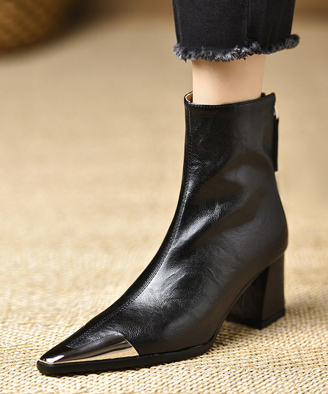 Boutique Schwarzes Rindsleder Spleißen Chunky Stiefel Spitzschuh TE017