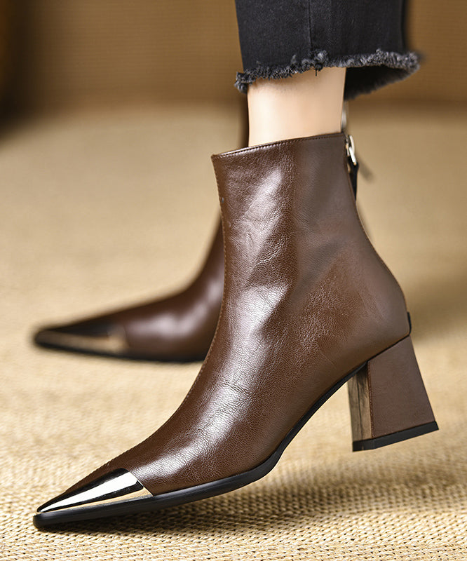 Boutique Schwarzes Rindsleder Spleißen Chunky Stiefel Spitzschuh TE017
