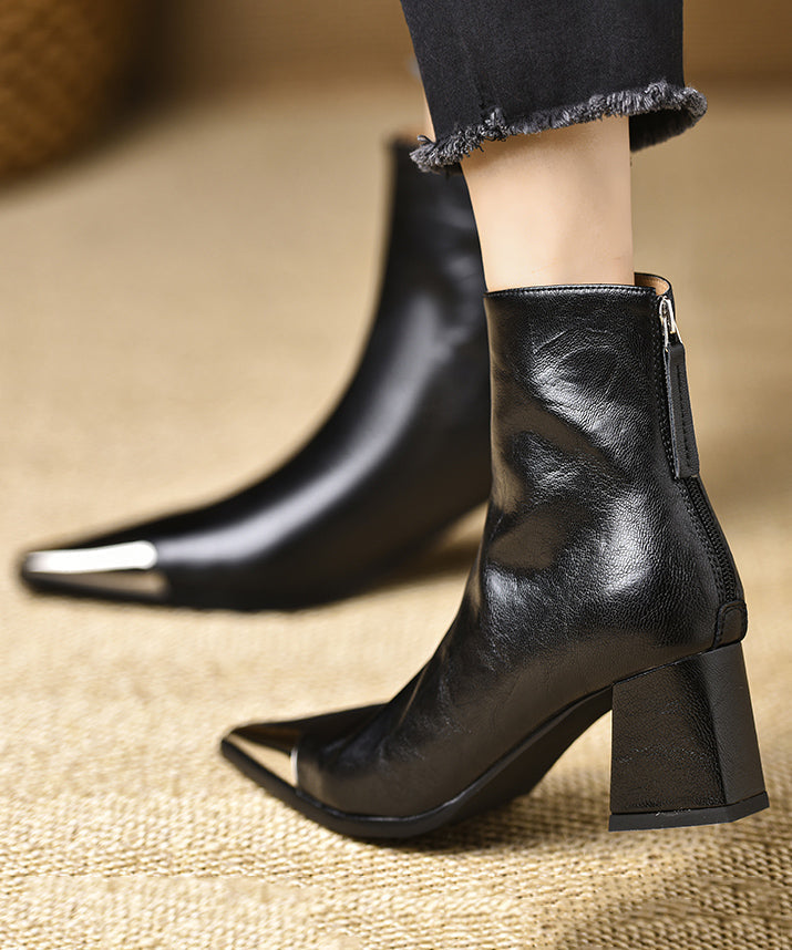 Boutique Schwarzes Rindsleder Spleißen Chunky Stiefel Spitzschuh TE017