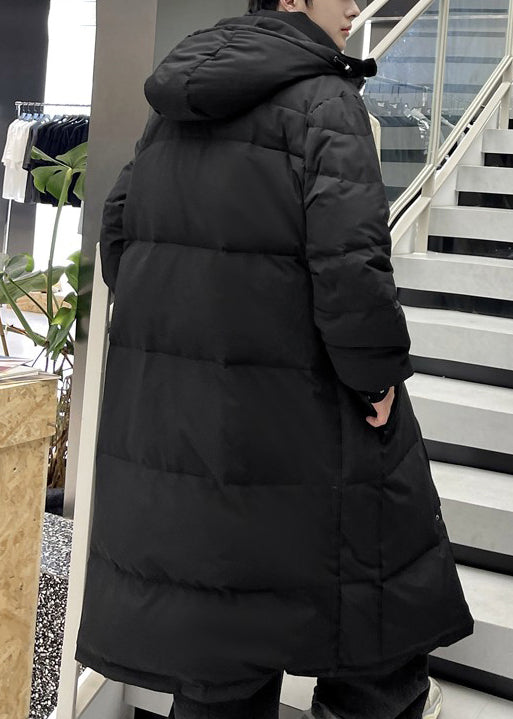 Manteau long noir à capuche et poches boutonnées en duvet de canard pour homme, collection hiver RJ004