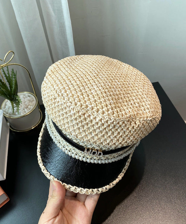 Chapeau tissé Bead Boutique en zircon noir, béret en paille, clou