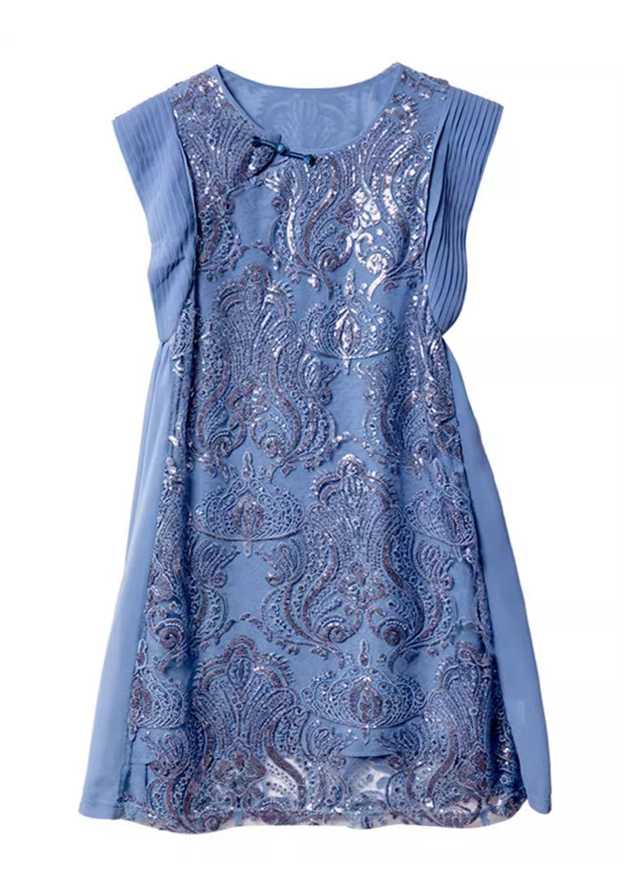 Robes d'été en mousseline de soie bleue brodée à paillettes