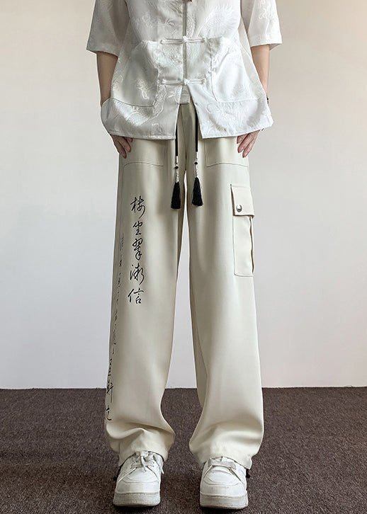 Pantalon d'été en soie glacée pour homme, style chinois, beige, avec poches imprimées, YT049
