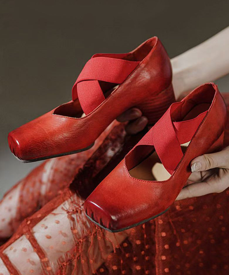 Boutique Heel Chunky Cross Bride Rouge Cuir de Cheval Épissure