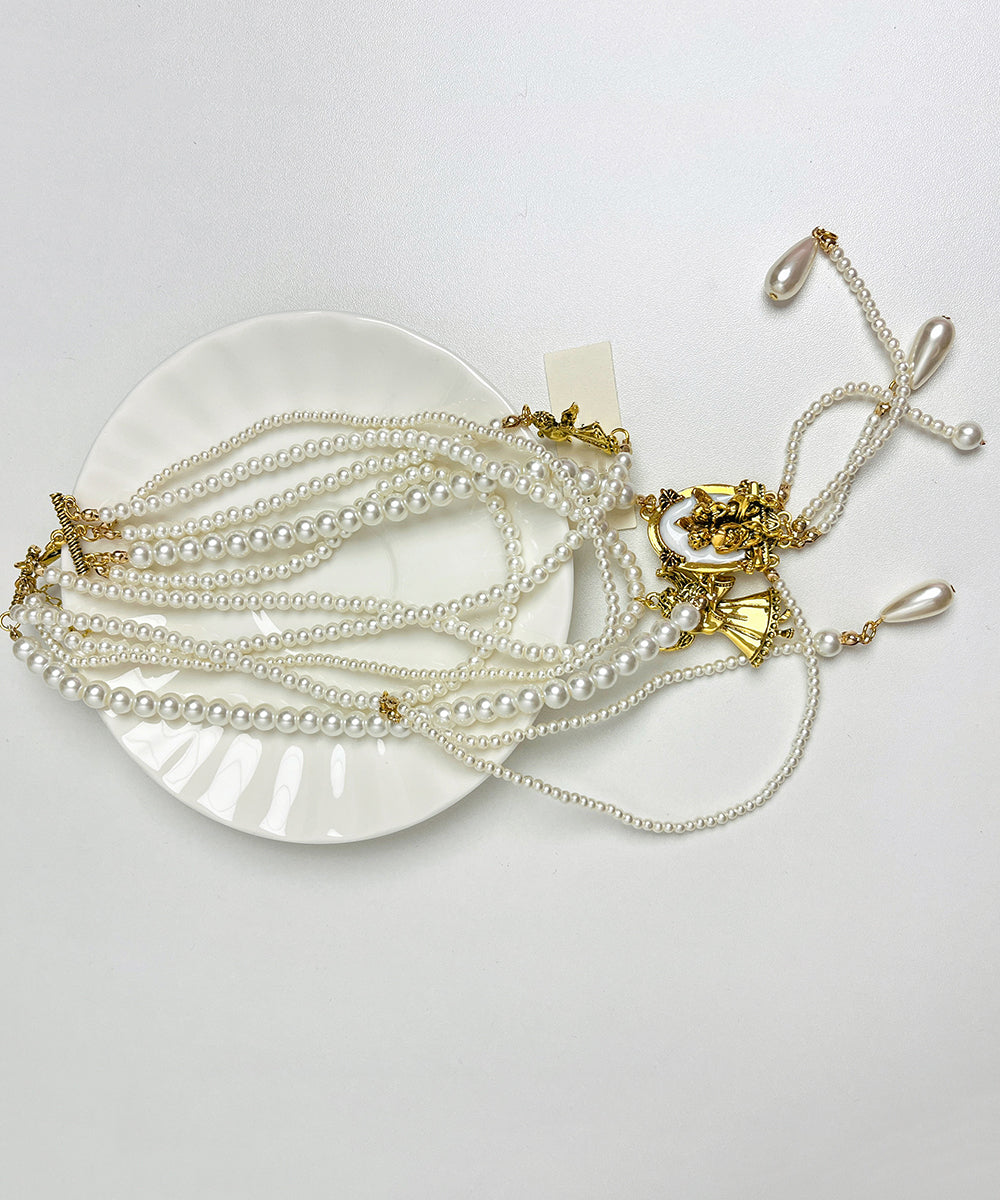 Boutique Gold Alloy Pearl Beading Tassel Pendant Necklace YA033