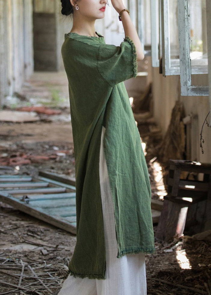 Boutique Grün O Hals Seite Offen Leinen T Shirts Kleider Sommer LK037