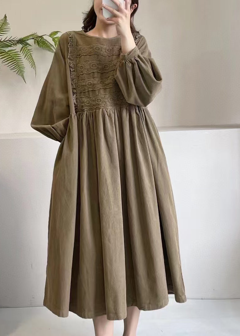 Khaki Cord Boutique Kleid Maxi Frühling bestickt