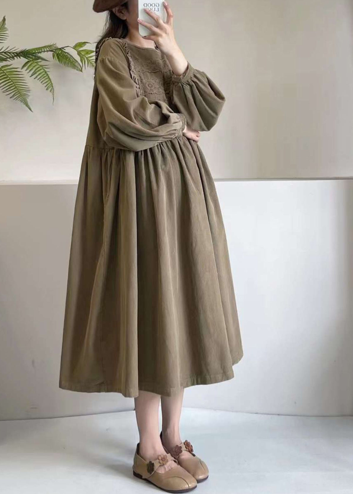 Khaki Cord Boutique Kleid Maxi Frühling bestickt