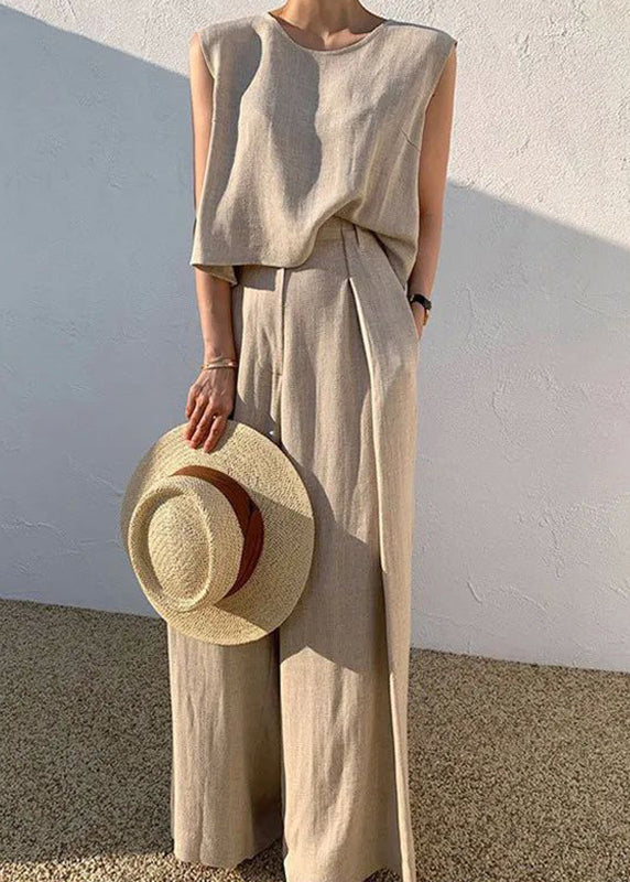 Shirt Pieces T Wide And Pants O-Neck Two Khaki Set Leg Boutique