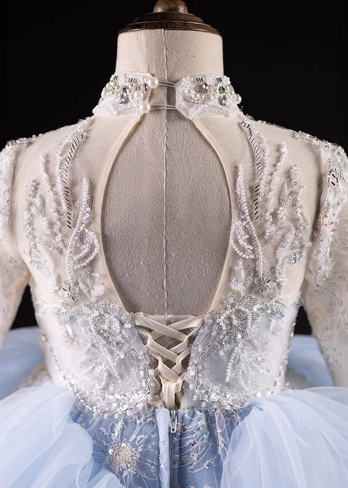 Robes maxi pour enfants en tulle bleu clair avec perles et clous de printemps