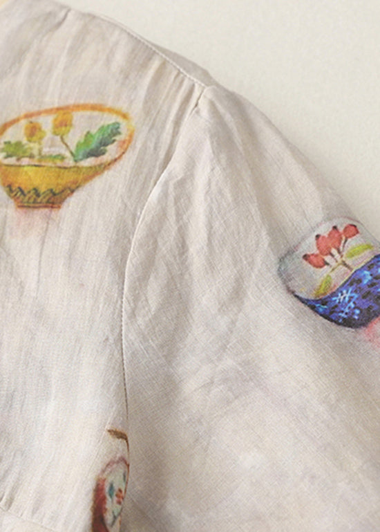 Boutique O Hals Print Seitlich Offenes Leinenkleid Armband Ärmel AM1063