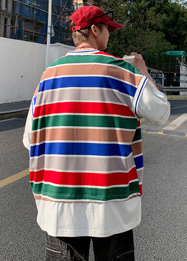 Boutique O Hals gestreift falsche zwei Stücke Baumwolle Männer T Shirt Sommer QH007