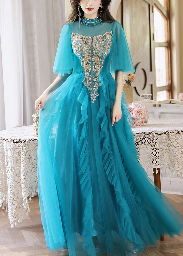 HighWaist Pailletten Lange Blaue Kleider Boutique Halbe Pfauenärmel