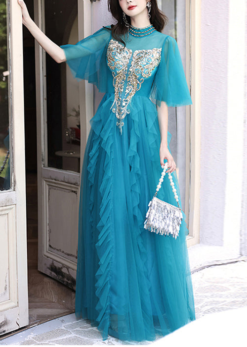 HighWaist Pailletten Lange Blaue Kleider Boutique Halbe Pfauenärmel