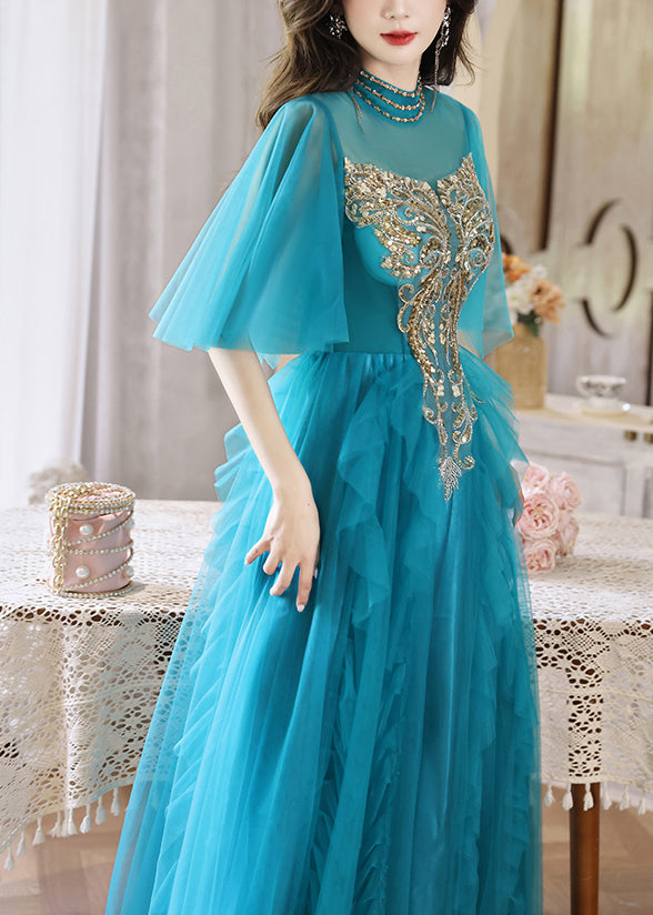 HighWaist Pailletten Lange Blaue Kleider Boutique Halbe Pfauenärmel