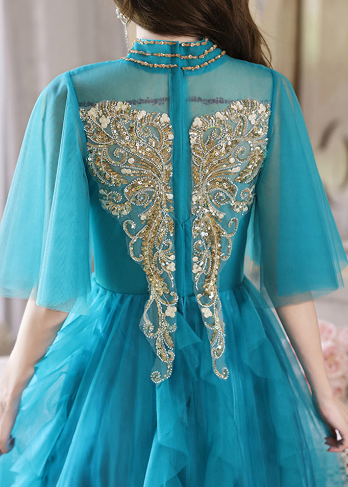 HighWaist Pailletten Lange Blaue Kleider Boutique Halbe Pfauenärmel