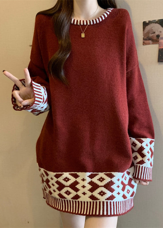 Pull en maille patchwork jacquard rouge à col rond, collection hiver RG039