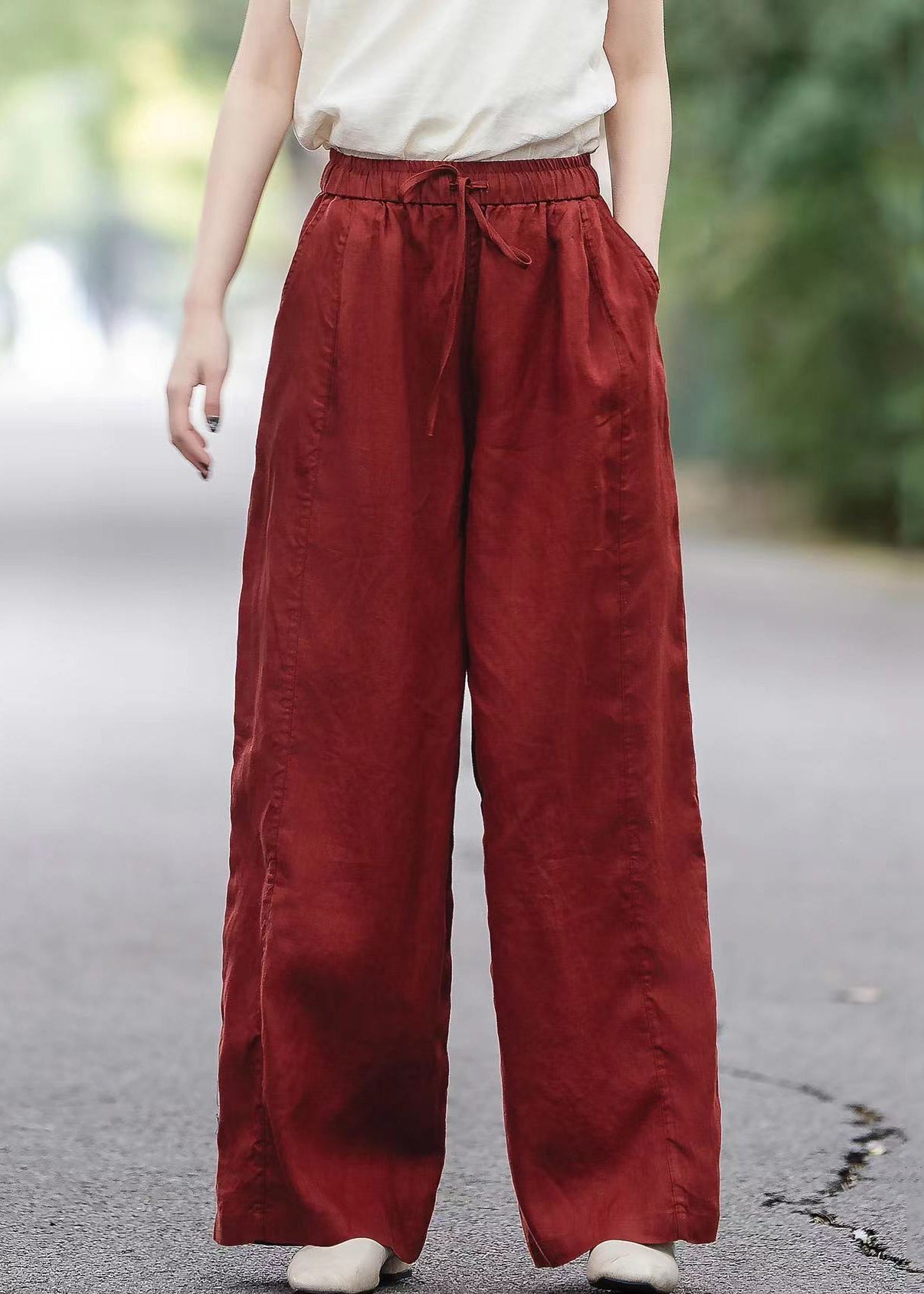 Pantalon élastique à poches, taille rouge, boutique d'été en lin