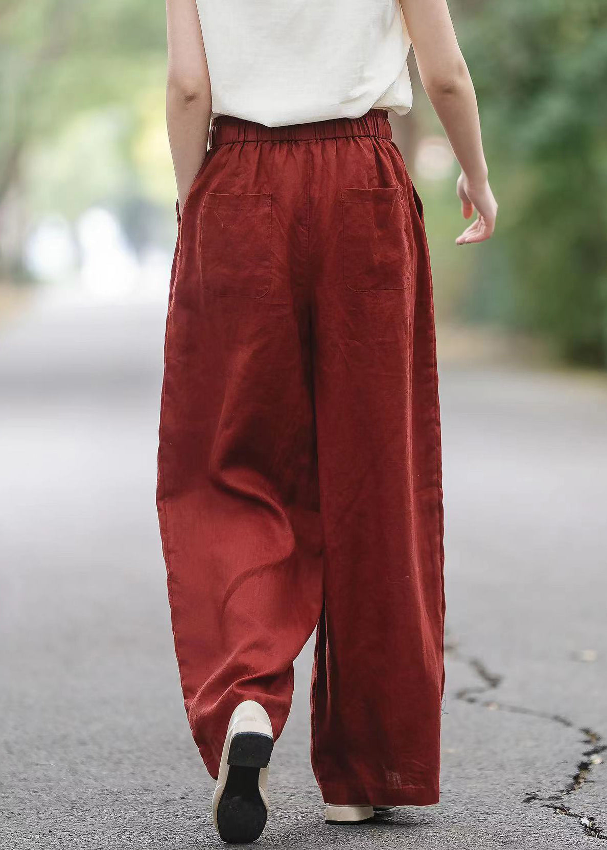 Pantalon élastique à poches, taille rouge, boutique d'été en lin