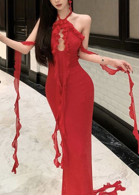 Kleid Sexy Rot Boutique Lange Sommer Rückenfrei Neckholder Rüschen