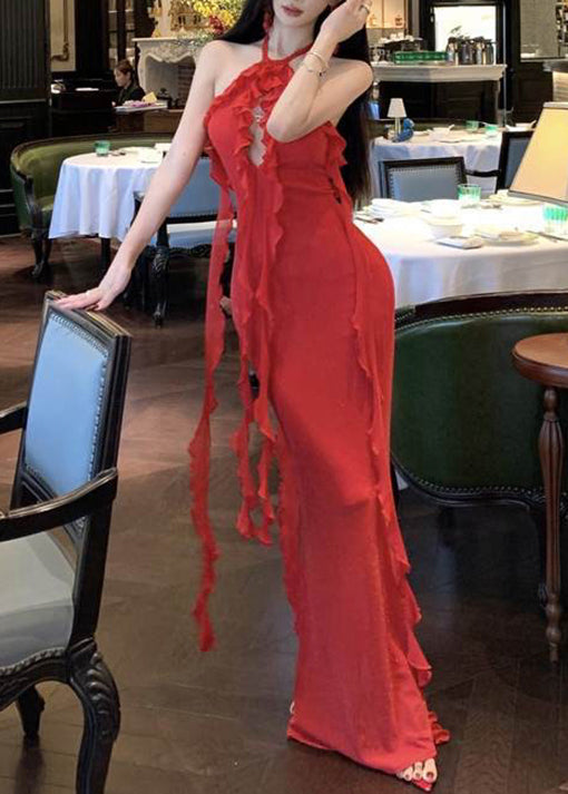 Kleid Sexy Rot Boutique Lange Sommer Rückenfrei Neckholder Rüschen