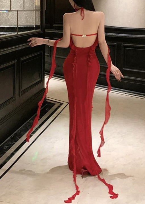 Kleid Sexy Rot Boutique Lange Sommer Rückenfrei Neckholder Rüschen