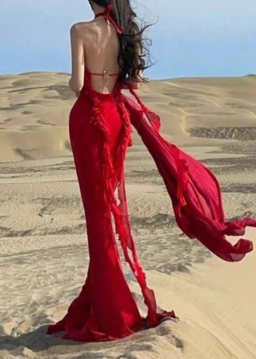 Kleid Sexy Rot Boutique Lange Sommer Rückenfrei Neckholder Rüschen