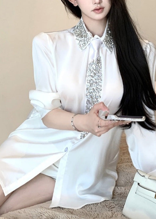 Chemise blanche en soie et zircon à col Peter Pan, collection Printemps YF011