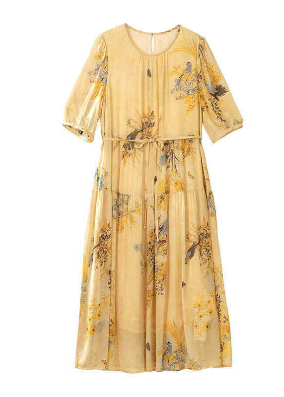 Robe d'été froissée jaune en soie, col rond, imprimé dentelle, boutique