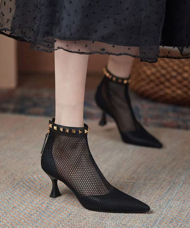 Boots Breathable Black Rivet Pointed Mesh Toe Splicing